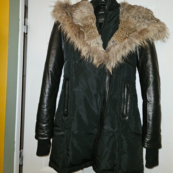 Rudsak "GRACE" Black Down Winter Coat XS Leather sleeves and a luxury fur coat - Picture 1 of 16